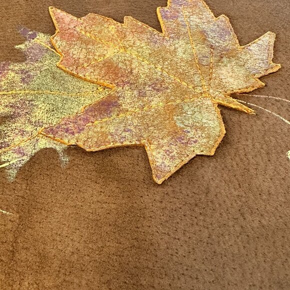 Brown Suede Fringed Scarf With Leaf Embroidery By Strévé Canada - Picture 7 of 8